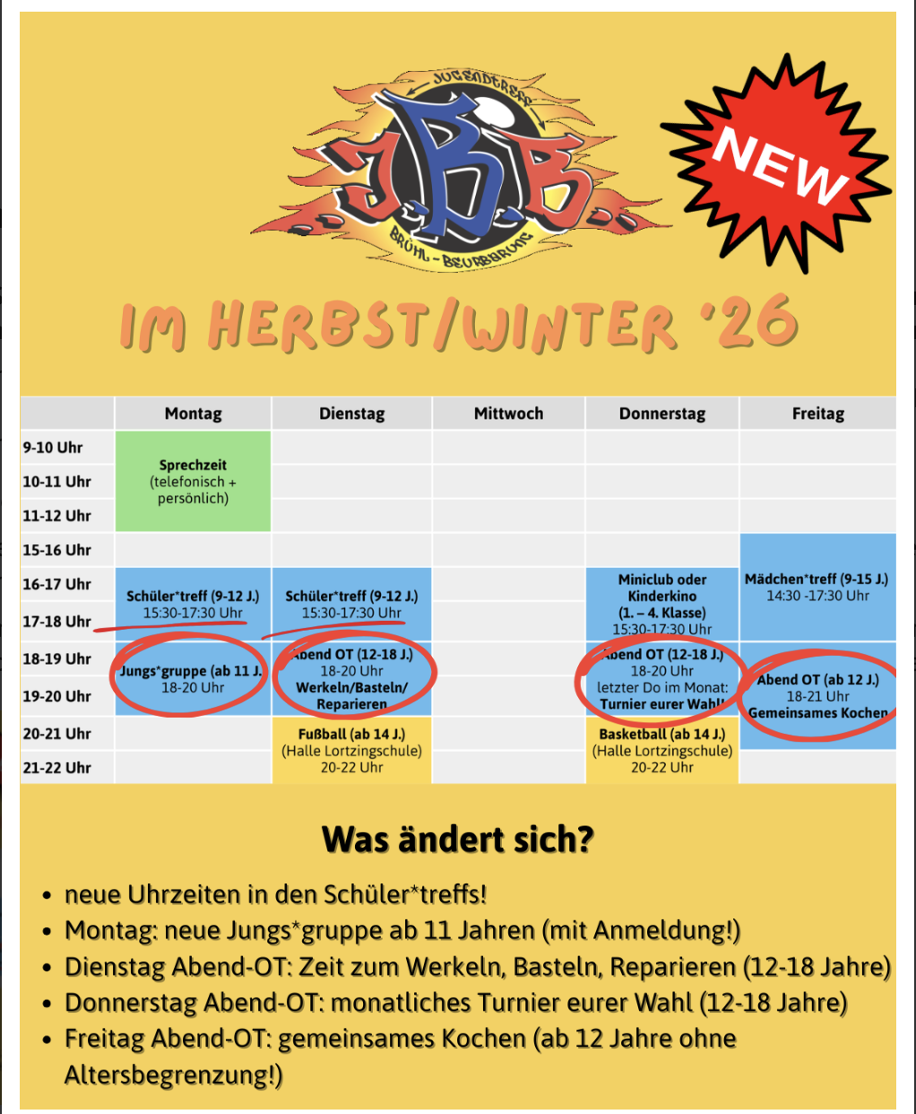 Wochenplan JBB Herbst/Winter '26